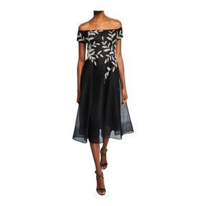 Teri Jon by Rickie Freeman Metallic Embroidered Off-the-Shoulder A-Line Dress .